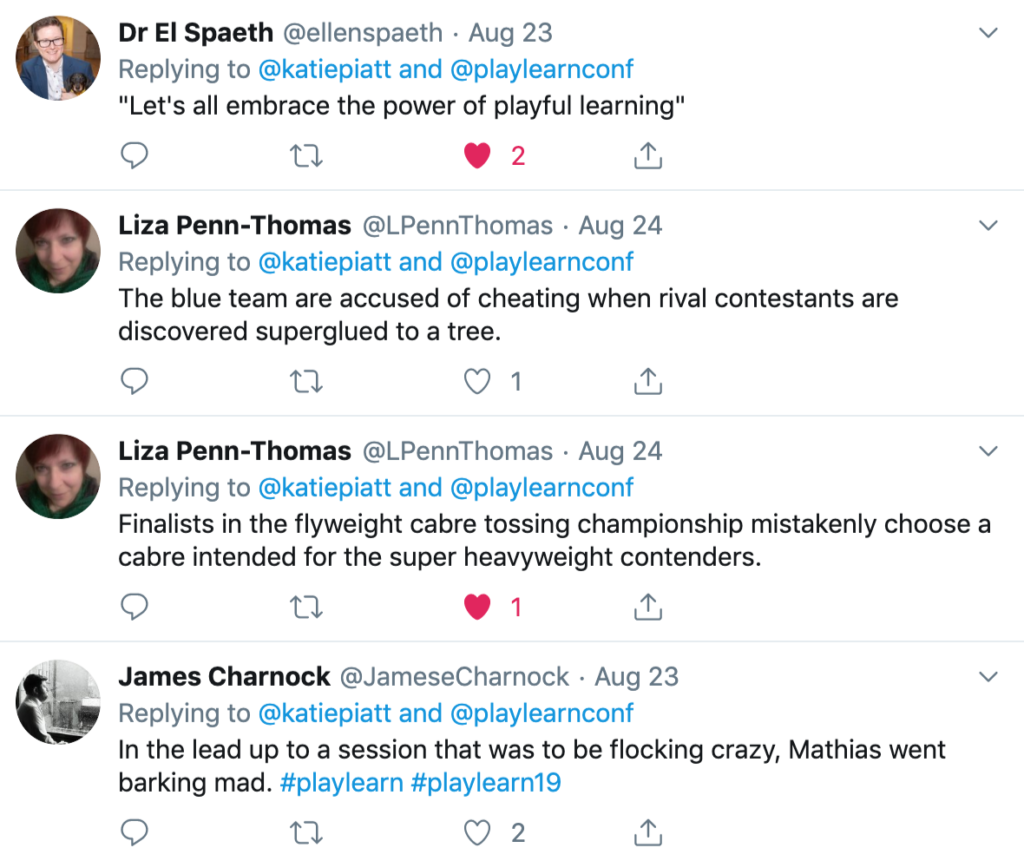 Screenshot of 4 tweets with captions for the photo above including "The blue team are accused of cheating when rival contestants are discovered superglued to a tree"