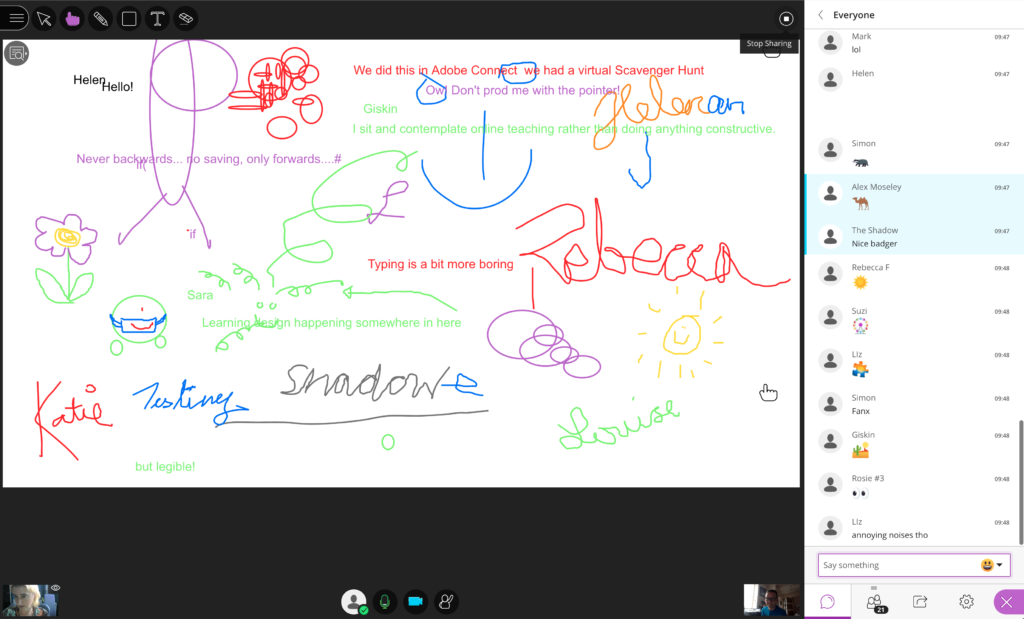 Screenshot of Blackboard Collaborate whiteboard and chat with lots of colourful signatures