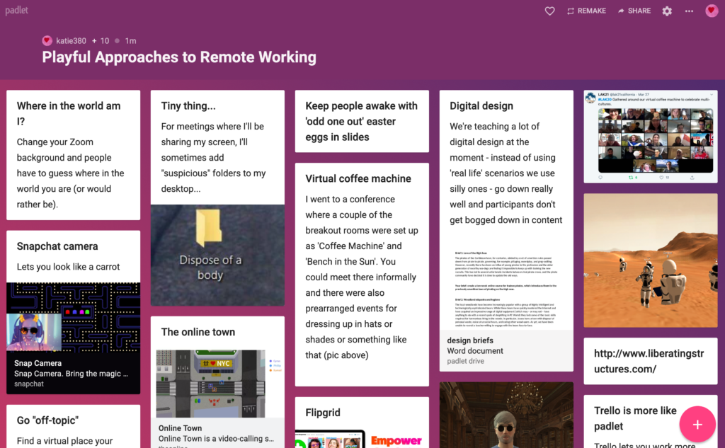 Screenshot of a Padlet wall featuring boxes with different ideas