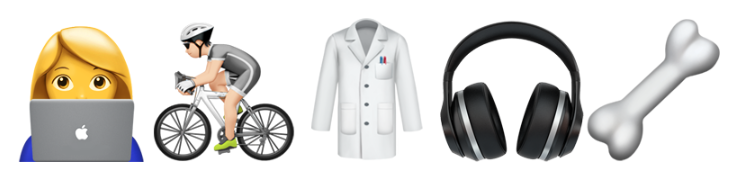 5 emojis of a laptop, bike, lab-coat, headphone and bone