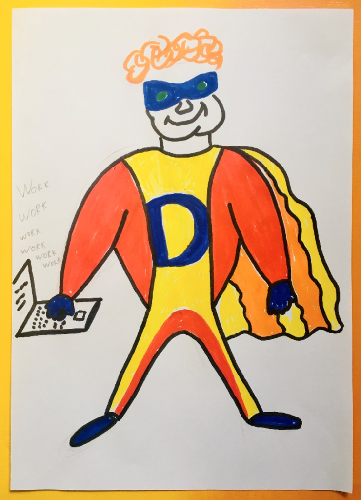 Cartoon drawing of a superhero with large letter D on the chest and holding a laptop